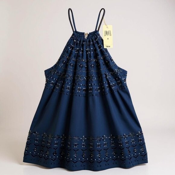 NWT Lucky Brand Blue/White Beaded Embellished Halter Blouse Top Size M - Picture 2 of 8